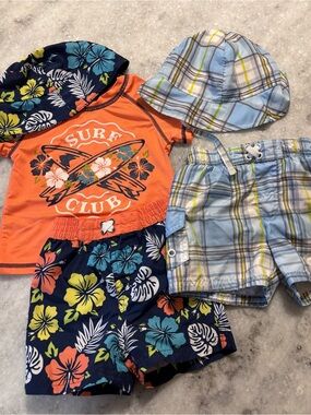 Two Boys Swim Trunks with Matching Sun Hats- 12M